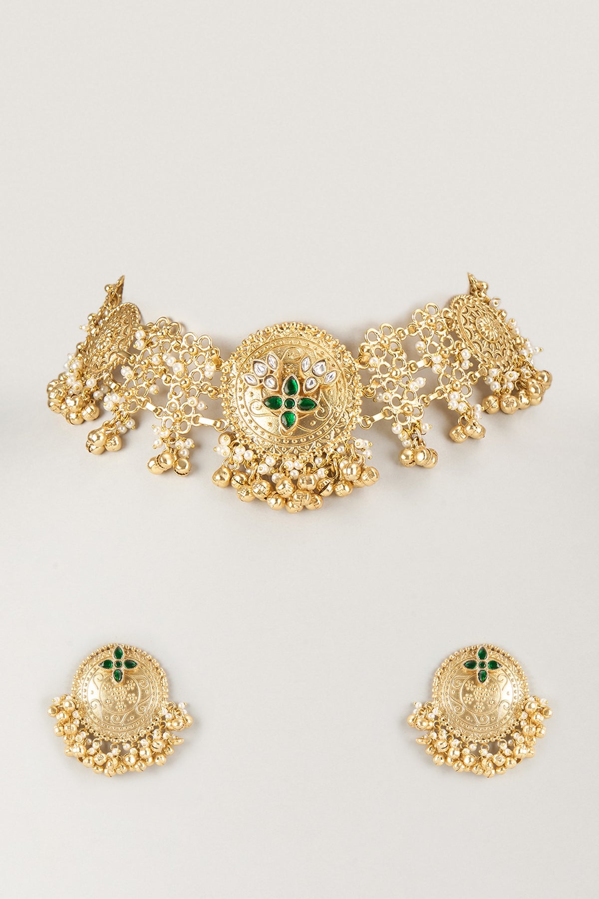 Gold Finish Emerald Stone Bell Choker Necklace Set
