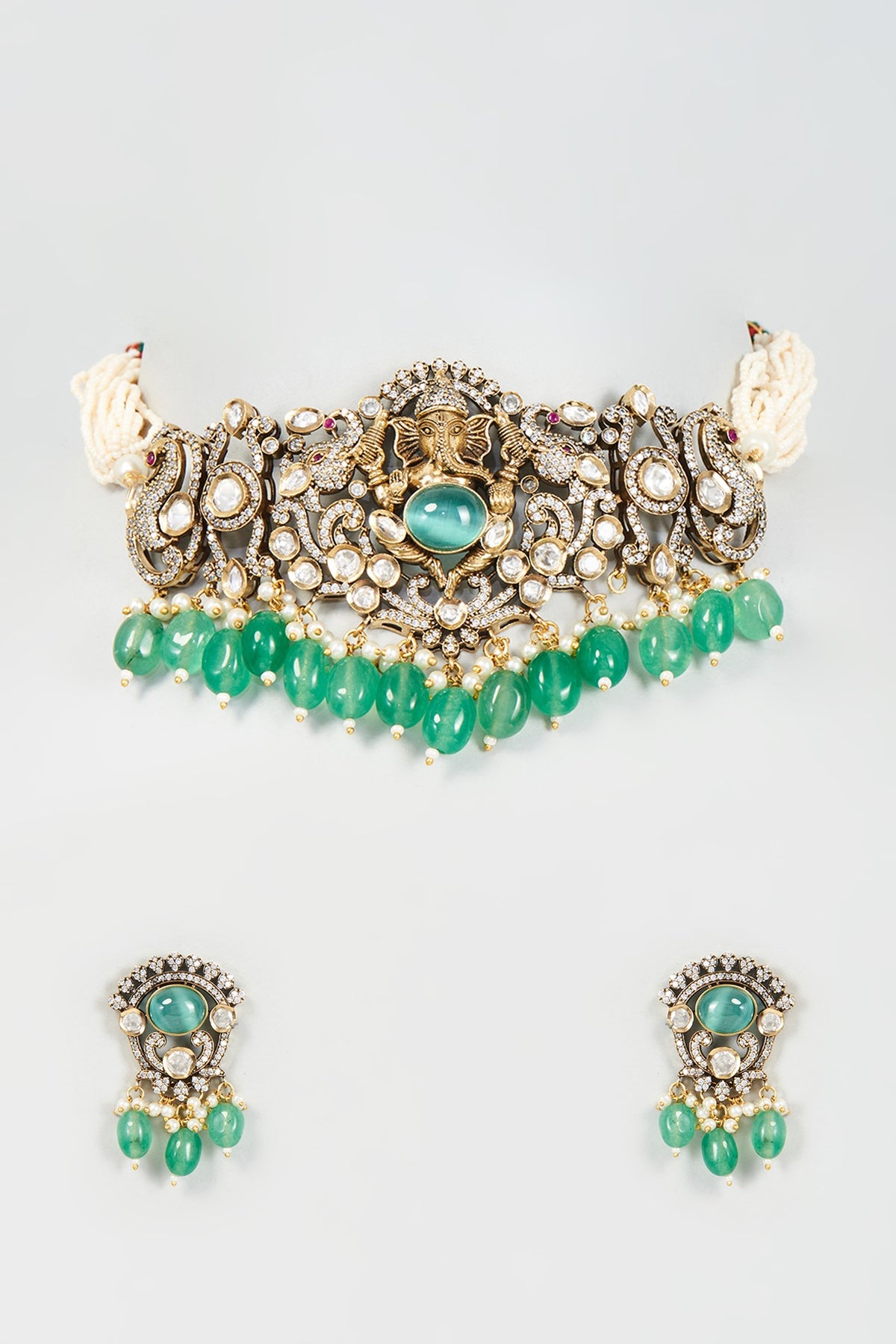 Gold Finish Emerald Choker Necklace Set