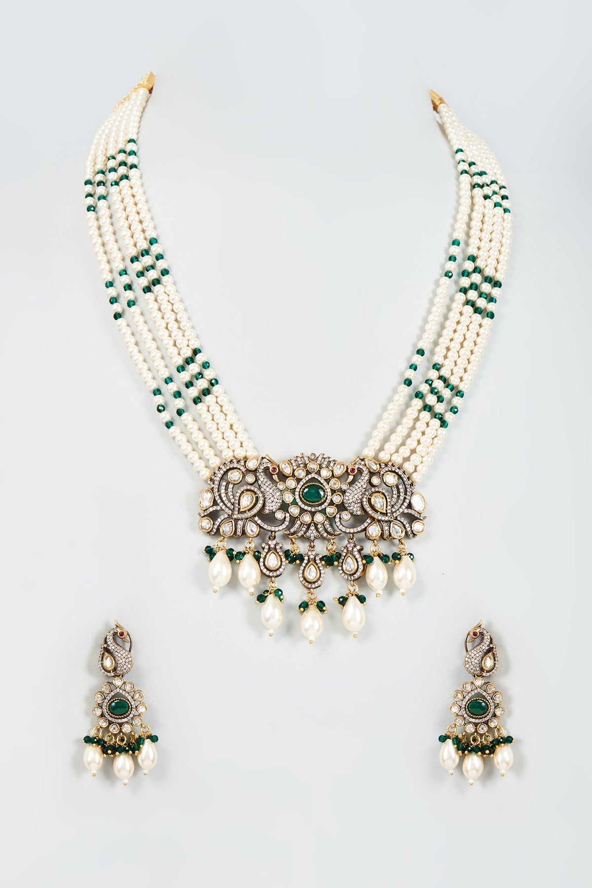 Gold Finish Emerald & Kundan Polki Long Necklace Set