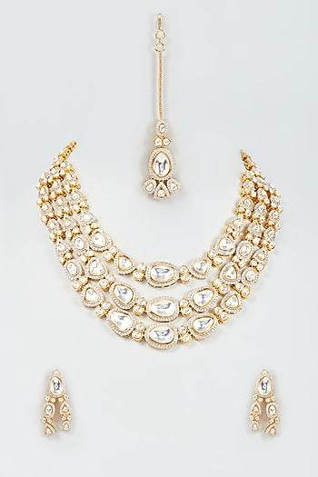 Gold Finish Kundan Polki Layered Necklace Set