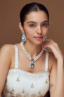 White Finish Aqua Stone & Pearl Long Necklace Set