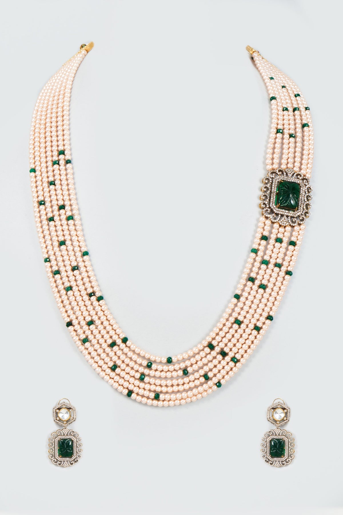 Black Rhodium Finish Emerald & Kundan Polki Long Necklace Set