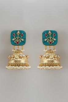 Gold Finish Kundan Polki & Aqua Stone Dangler Earrings