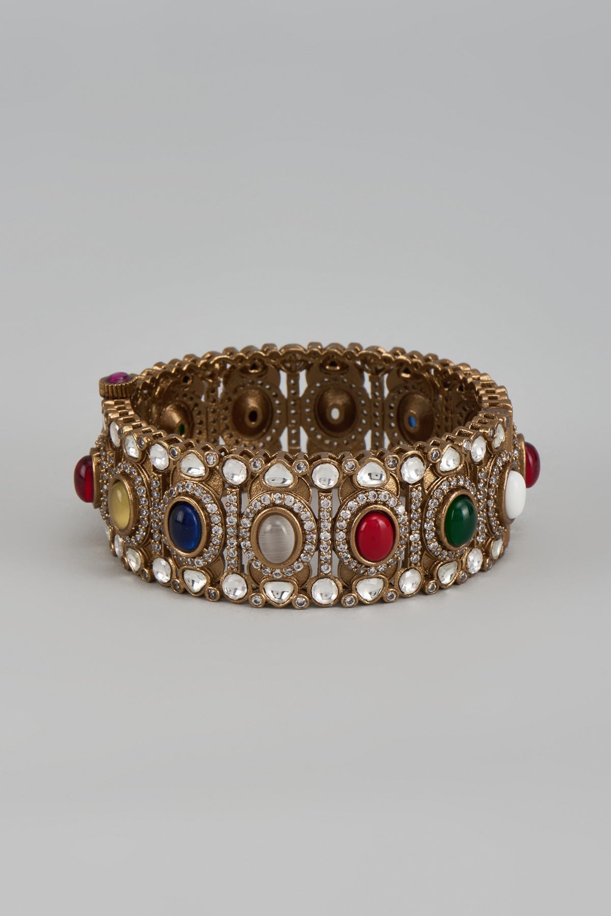 Gold Finish Kundan Polki & Multi-Colored Stone Bangle