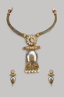 Two Tone Finish Kundan Polki & Pearl Long Necklace Set