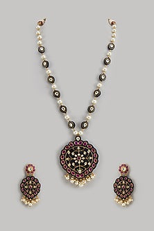 Gold Finish Kundan Polki & Pearl Meenakari Long Necklace Set