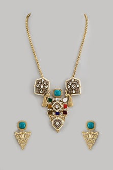 Gold Finish Kundan Polki & Multi-Colored Stone Long Necklace Set