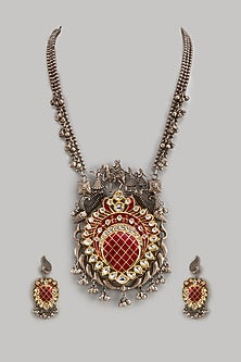 Two-Tone Finish Kundan Polki Red Meenakari Long Necklace Set