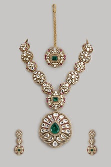 Gold Finish Kundan Polki & Zircon Long Necklace Set