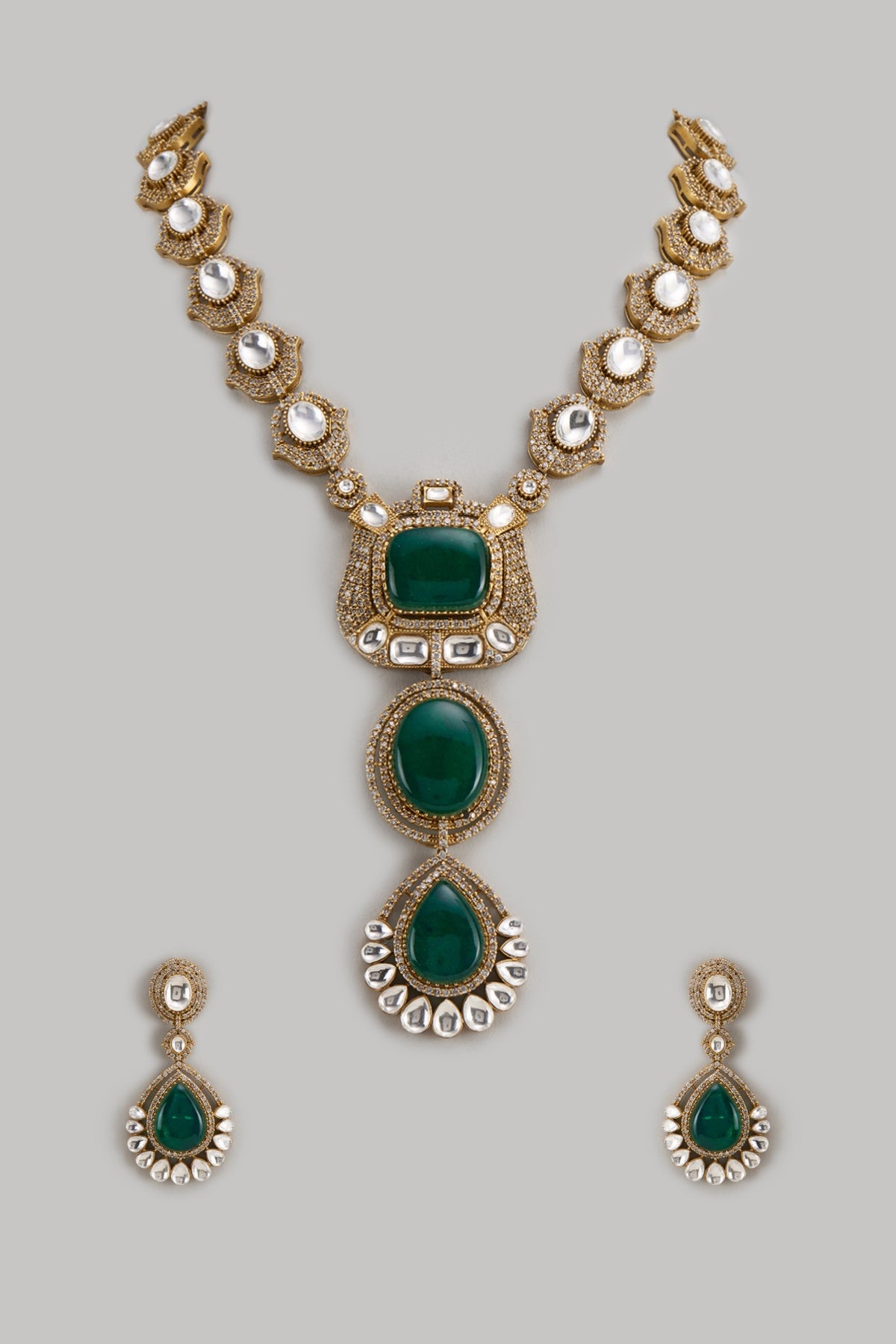Gold Finish Kundan Polki & Emerald Stone Long Necklace Set