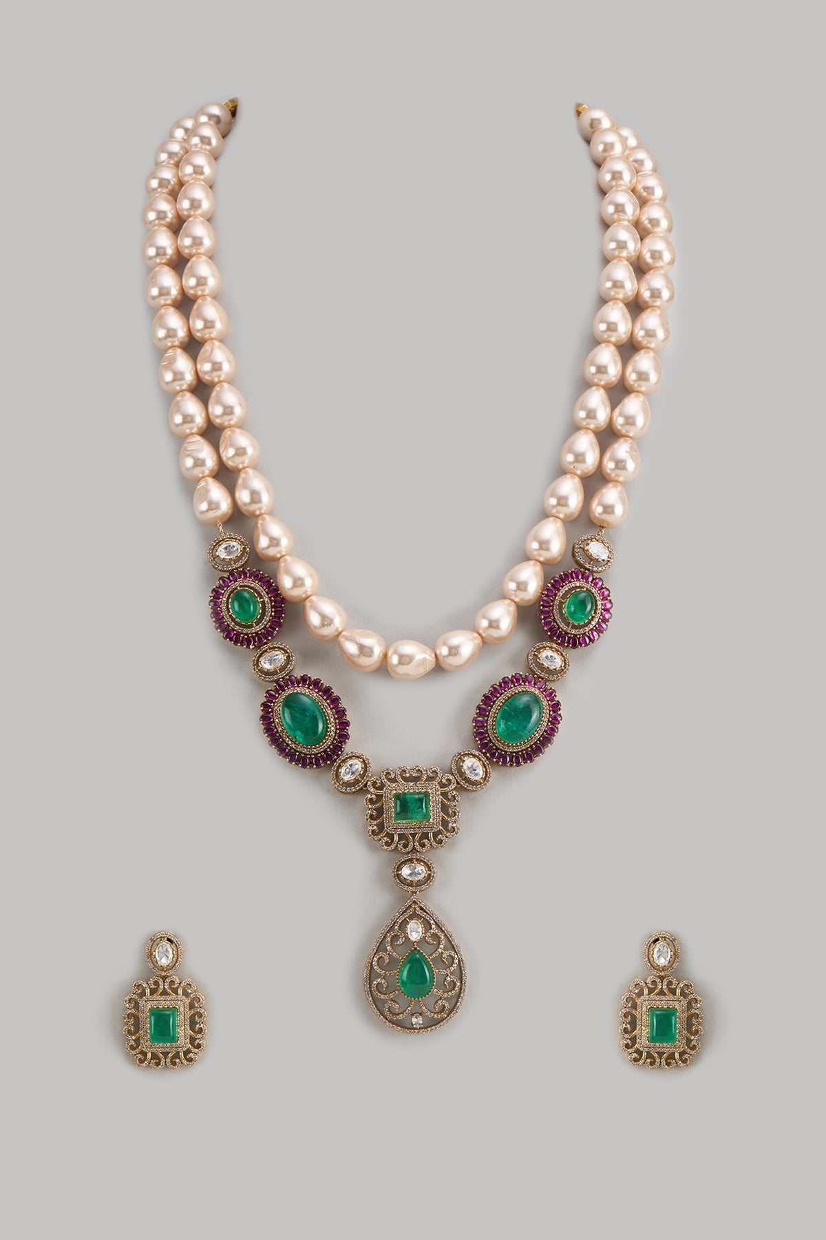 Gold Finish Zircon & Ruby Stone Long Necklace Set