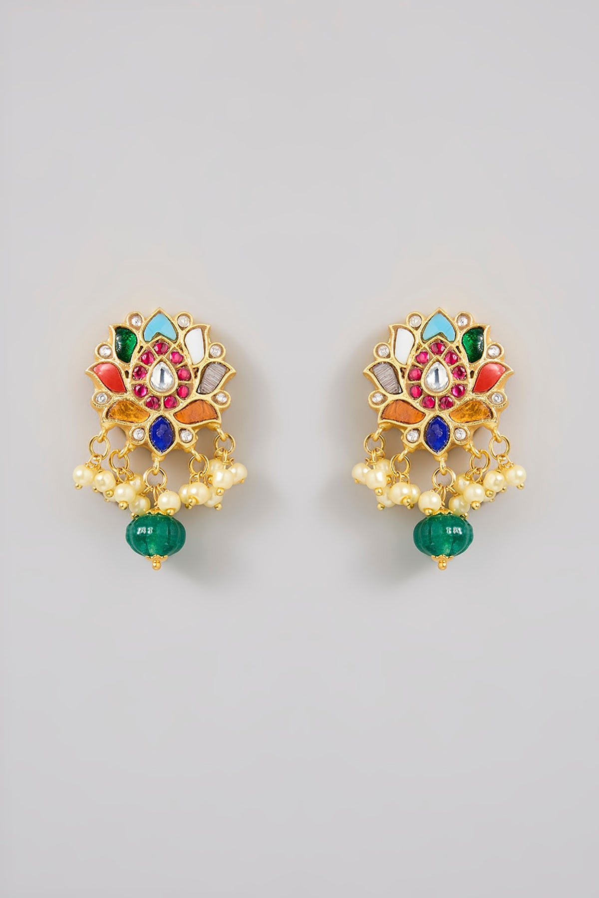 Gold Finish Navratna Stone Stud Earrings