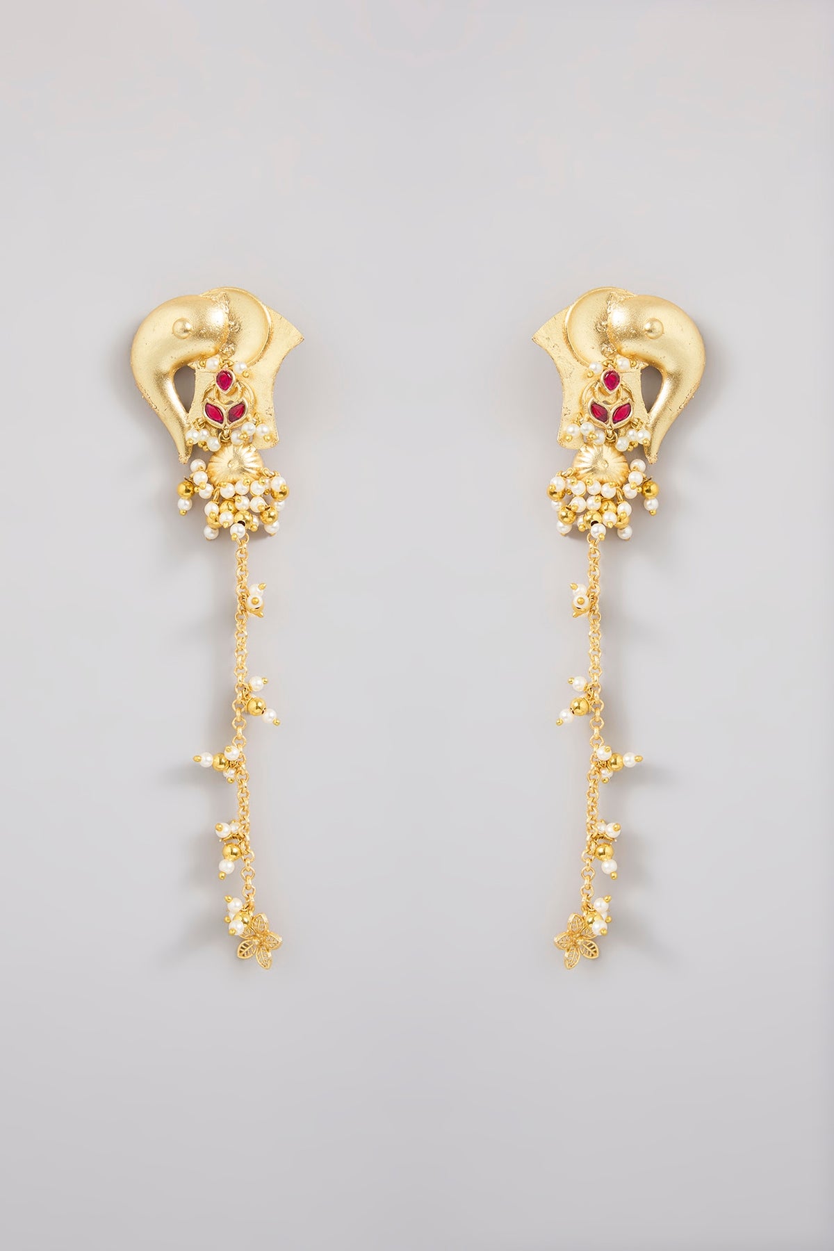 Gold Finish Ruby Stone & Pearl Dangler Earrings