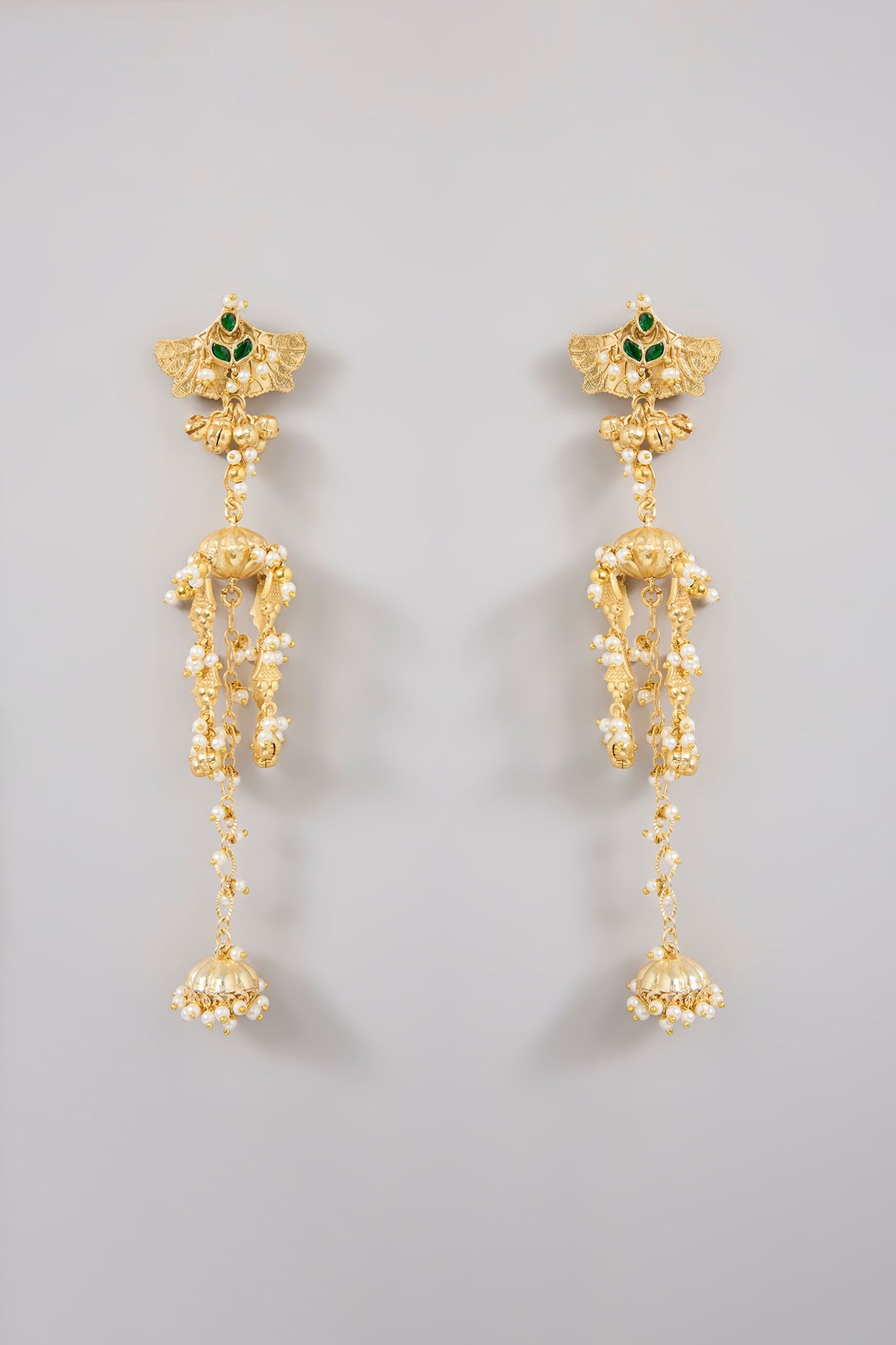 Gold Finish Emerald Stone & Beaded Dangler Earrings