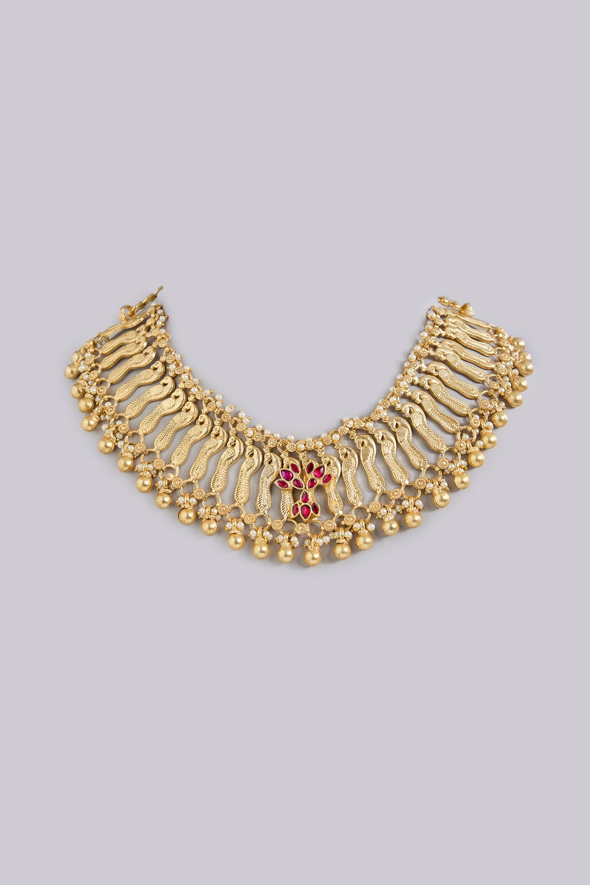Gold Finish Ruby & Beaded Choker Necklace
