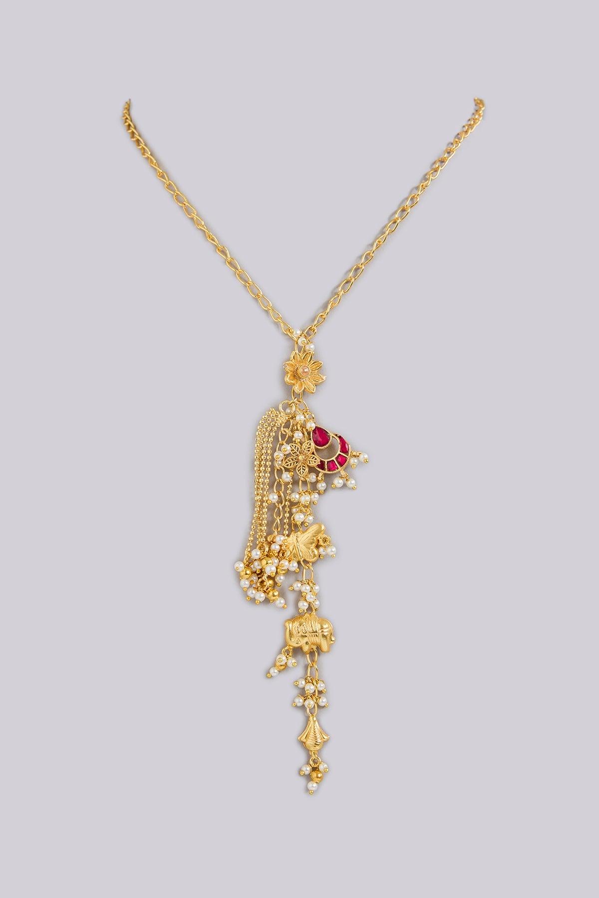 Gold Finish Ruby & Carved Beaded Long Necklace