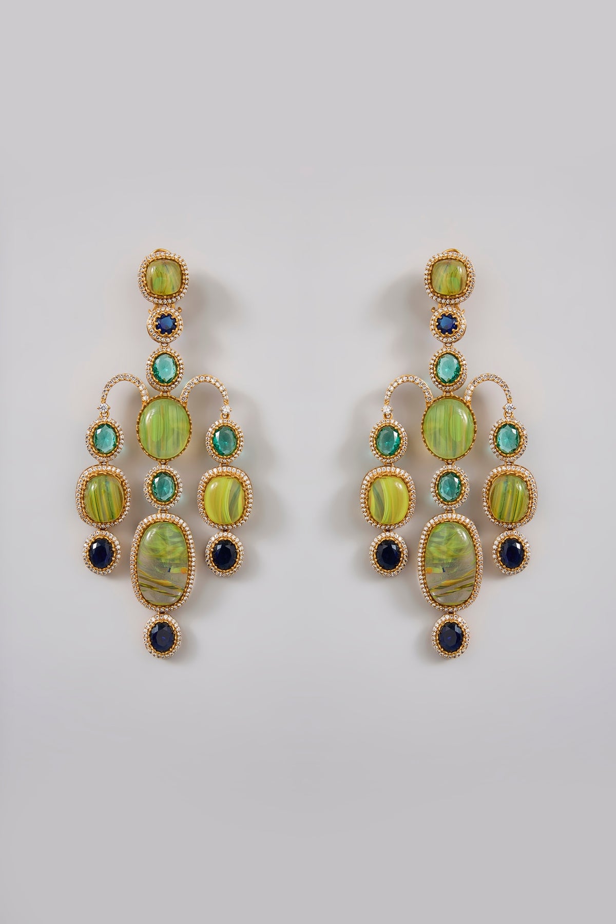 Gold Finish Emerald & Leaf Green Stone Dangler Earrings