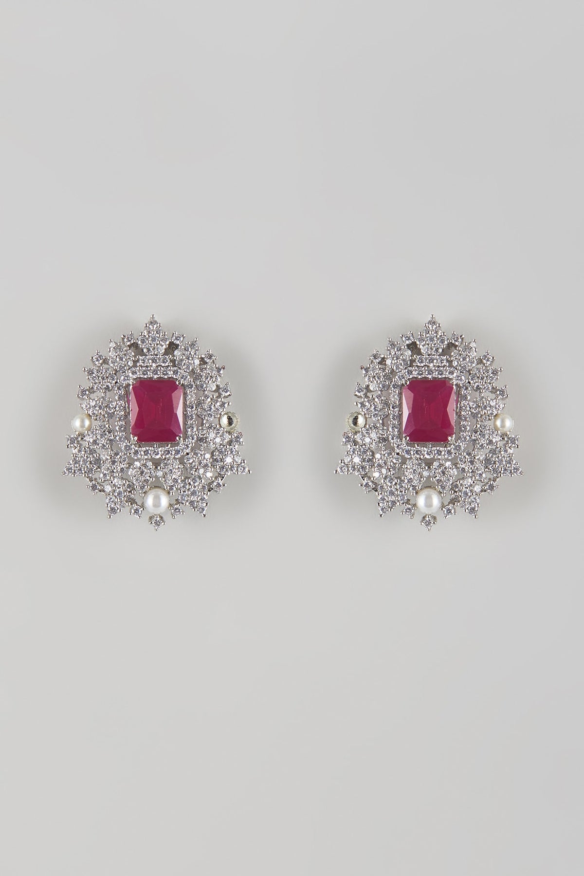 White Gold Finish Zircon & Ruby Stone Stud Earrings