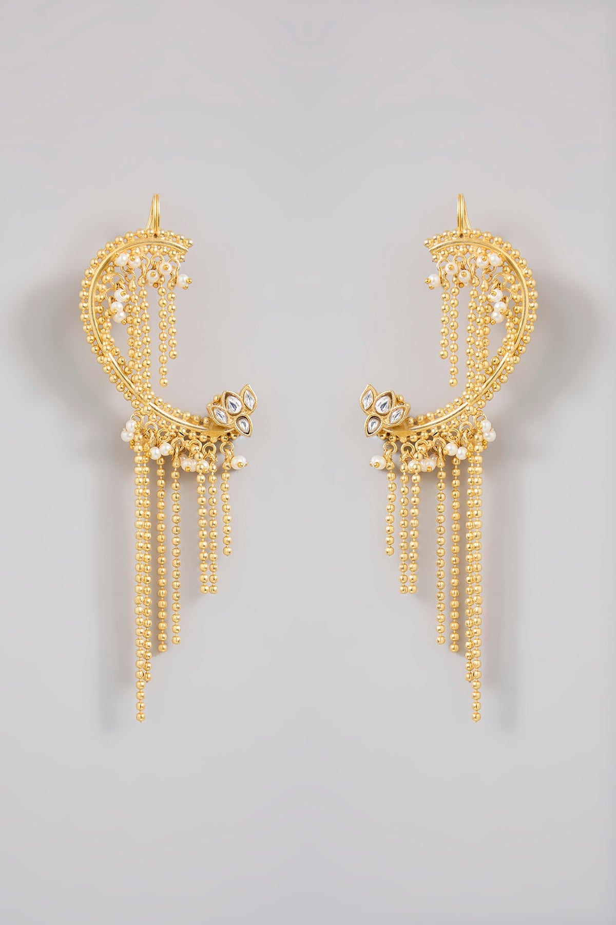 Gold Finish Kundan Polki & Beaded Ear-Cuffs