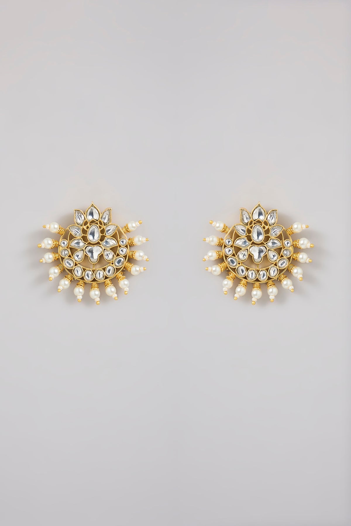 Gold Finish Kundan Polki & Pearl Stud Earrings