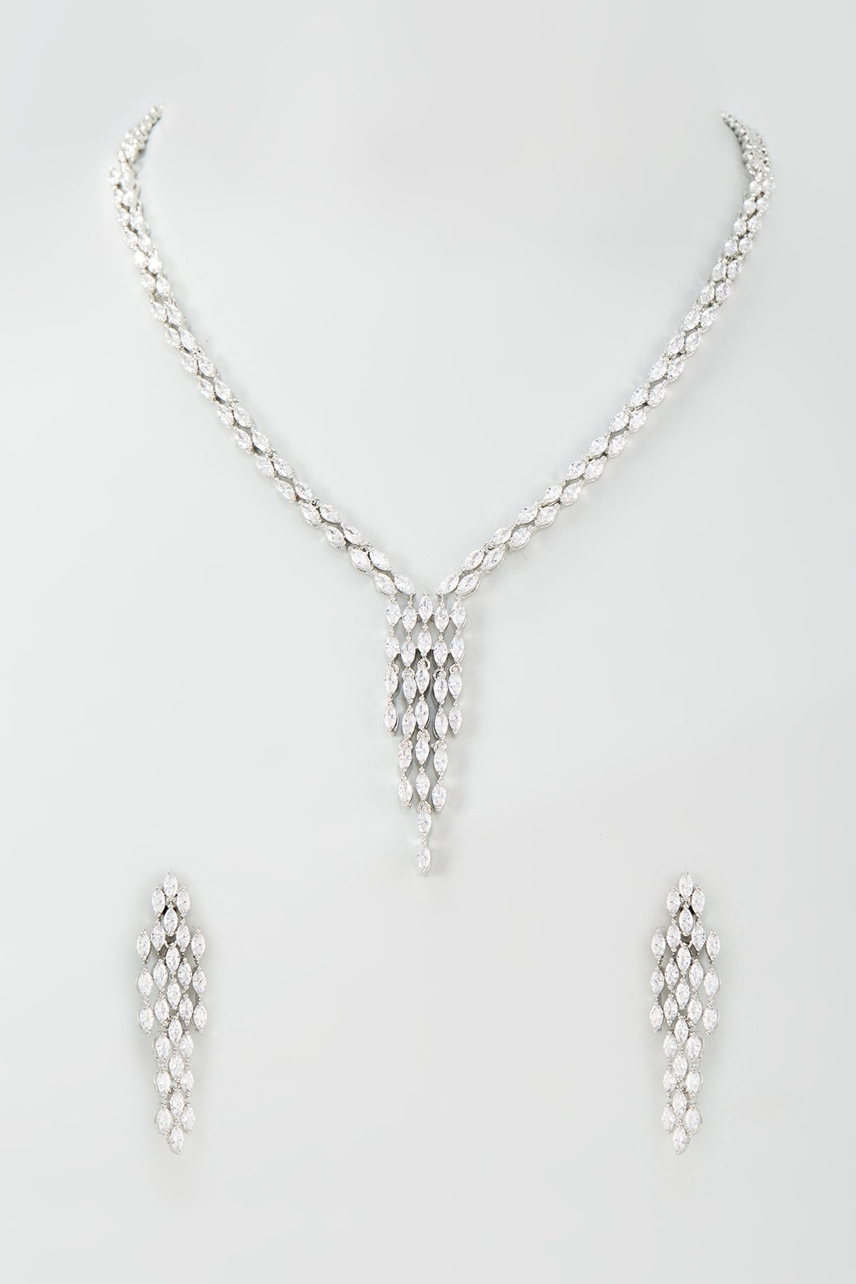 Silver Finish Zircon Long Necklace Set