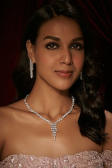 Silver Finish Zircon Long Necklace Set