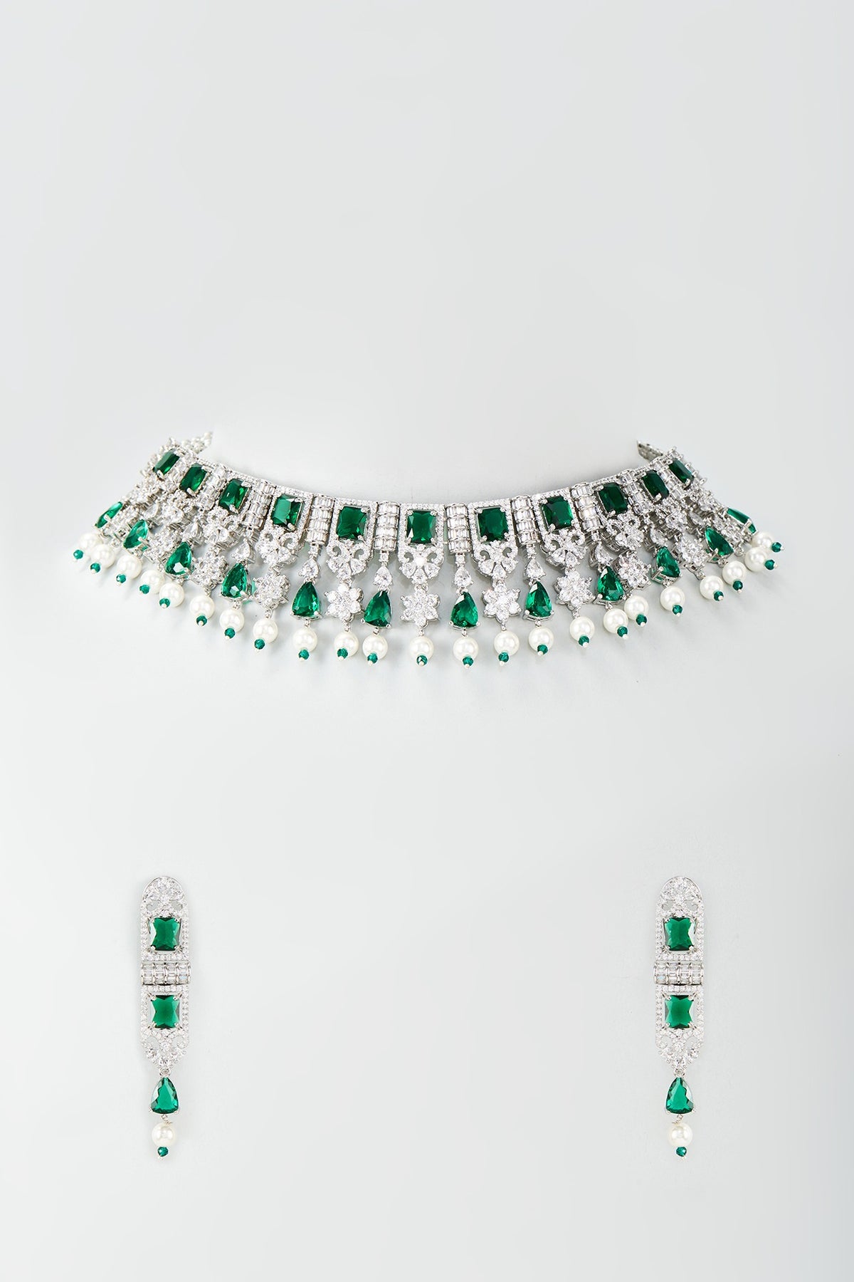 Silver Finish Zircon & Emerald Stone Choker Necklace Set