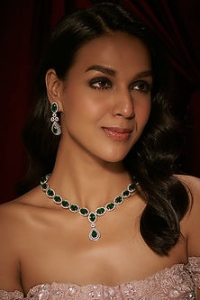 Silver Finish Zircon & Emerald Stone Choker Necklace Set