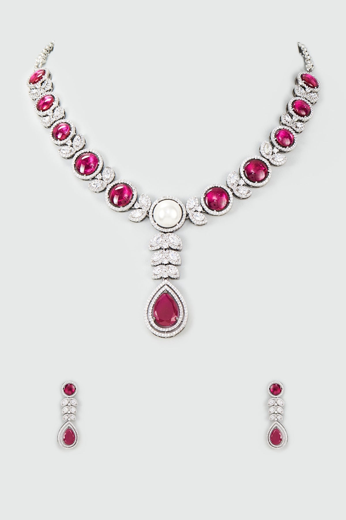 Silver Finish Zircon & Ruby Necklace Set