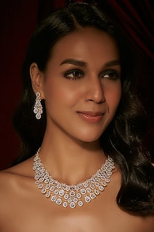 Gold Finish White Zircon Long Necklace Set