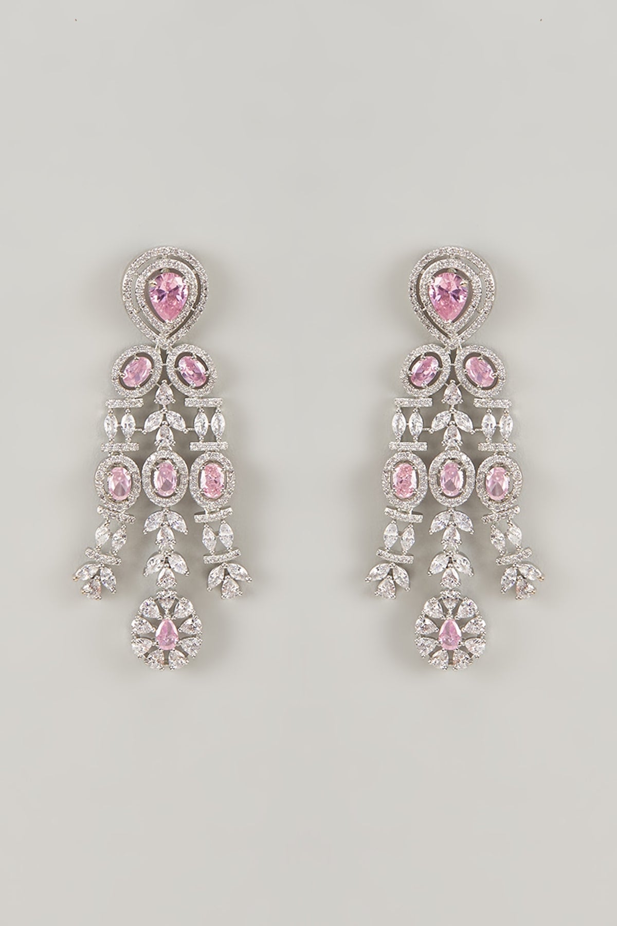 Silver Finish Rose Quartz Stone & Zircon Dangler Earrings