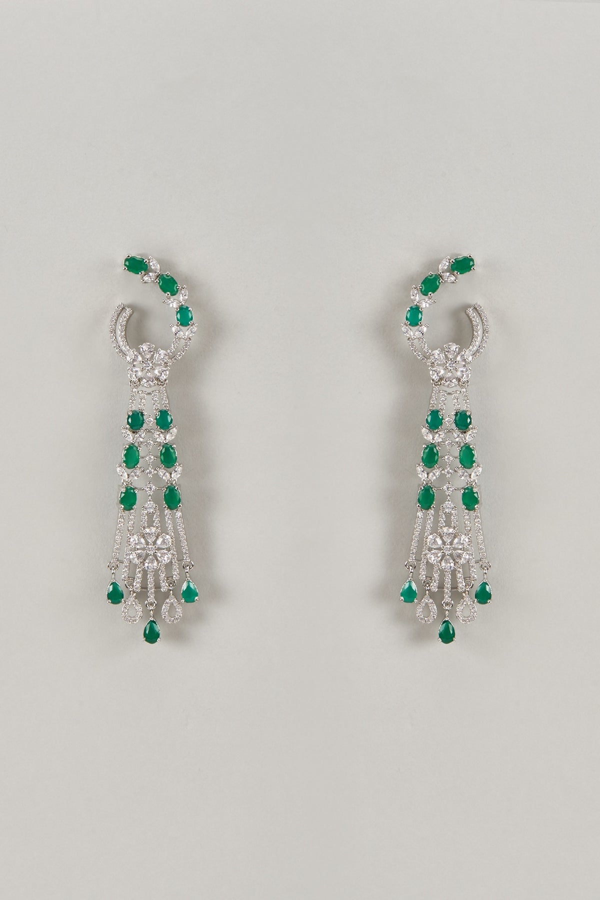 Silver Finish Zircon & Emerald Stone Dangler Earrings