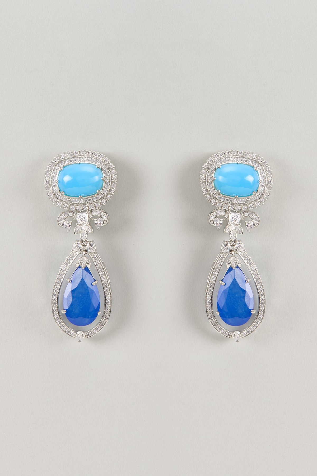 Silver Finish Sapphire Opal Stone & Zircon Dangler Earrings