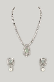Silver Finish Turquoise Stone & Zircon Pendant Necklace Set