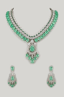 Silver Finish Zircon & Turquoise Stone Long Necklace Set