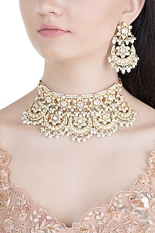 Gold Finish Meenakari Kundan & Pearl Choker Necklace Set