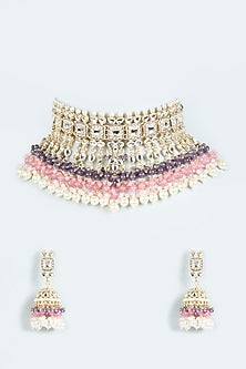 Gold Finish Pink & Amethyst Beaded Choker Necklace Set