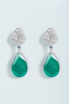 White Finish Faux Diamonds & Emerald Dangler Earrings