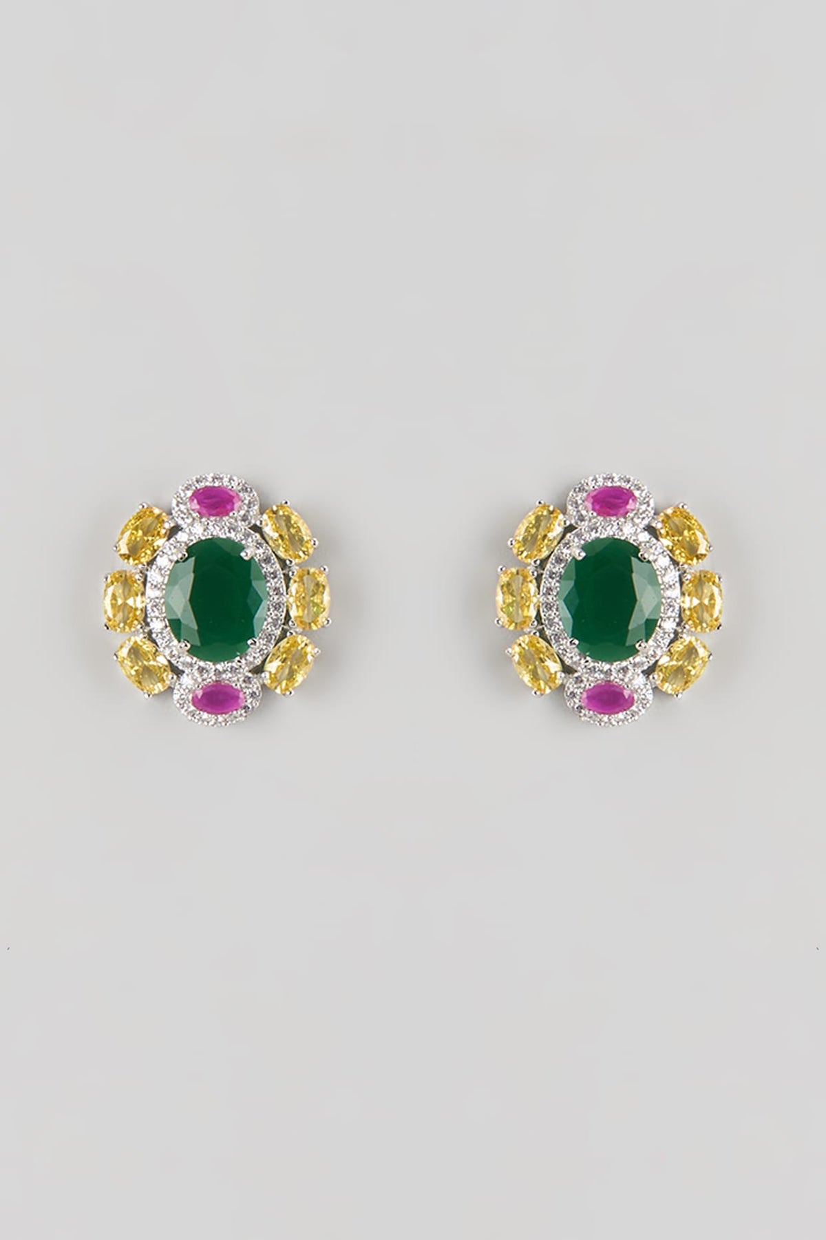 Silver Finish Emerald & Zircon Stud Earrings