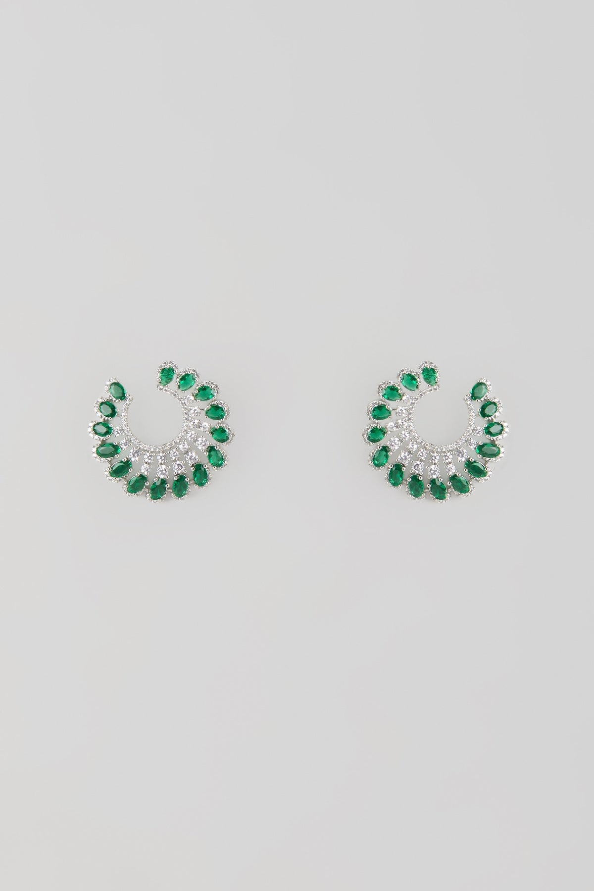 Silver Finish Emerald & Zircon Stud Earrings