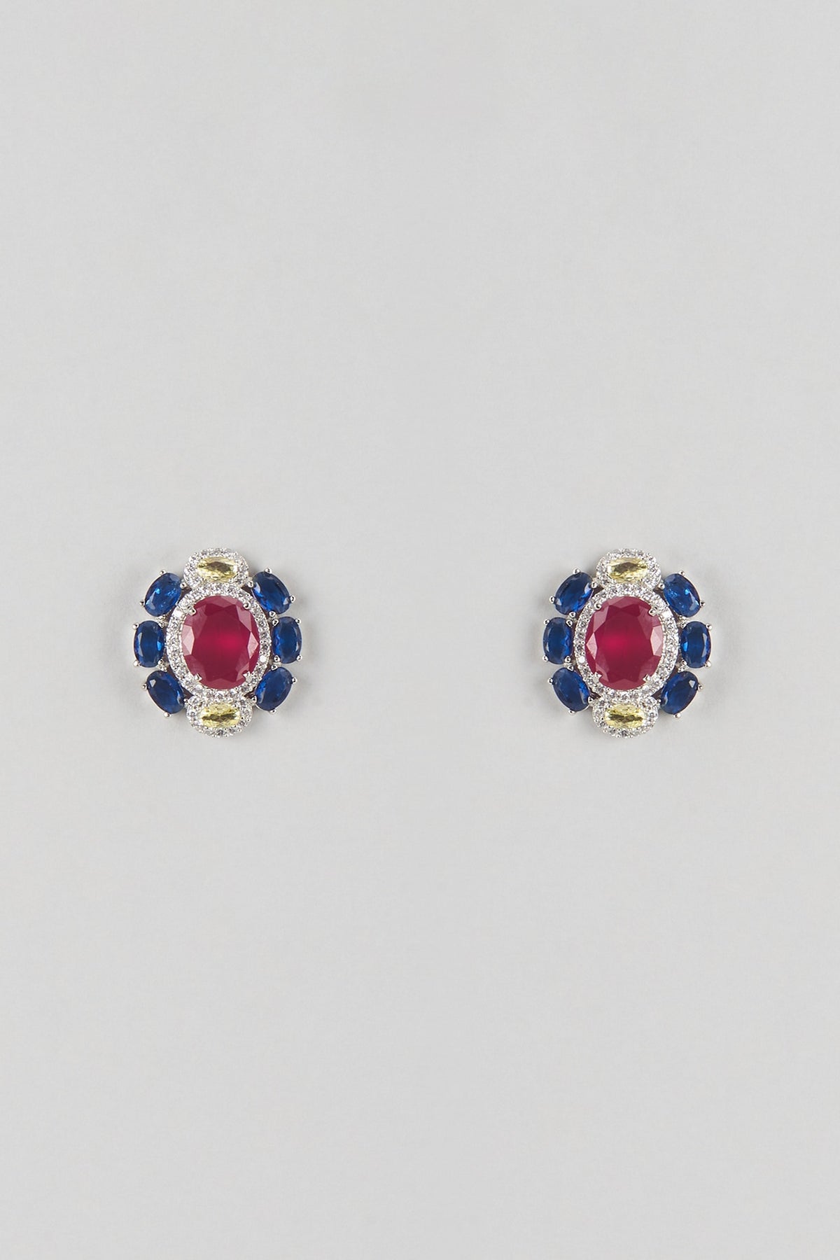 Silver Finish Ruby & Emerald Stud Earrings