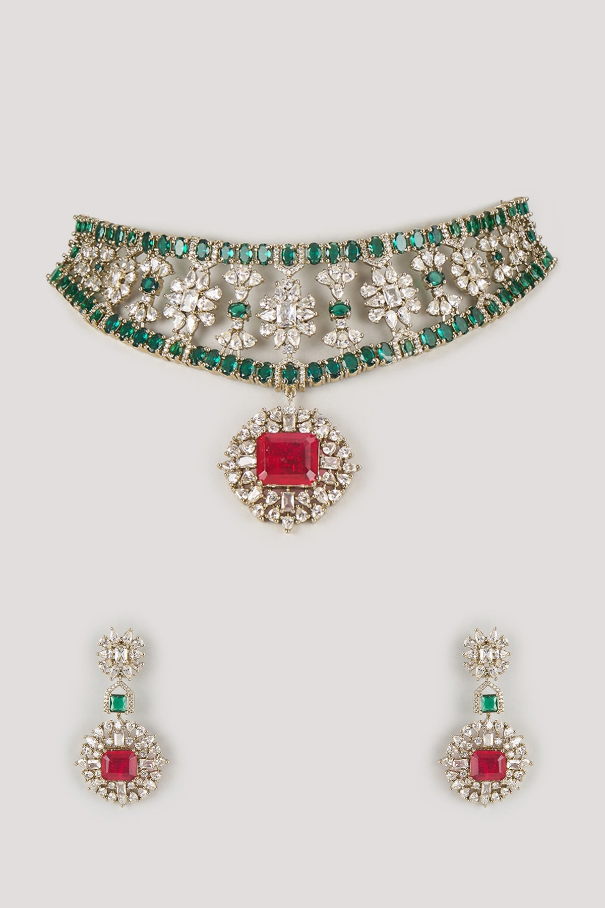 Gold Finish Ruby & Emerald Choker Necklace Set