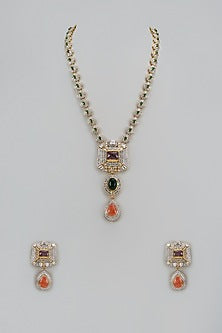 Gold Finish Multi-Colored Stone & Zircon Long Pendant Necklace Set