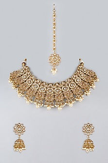 Gold Finish Kundan Polki & Pearl Necklace Set