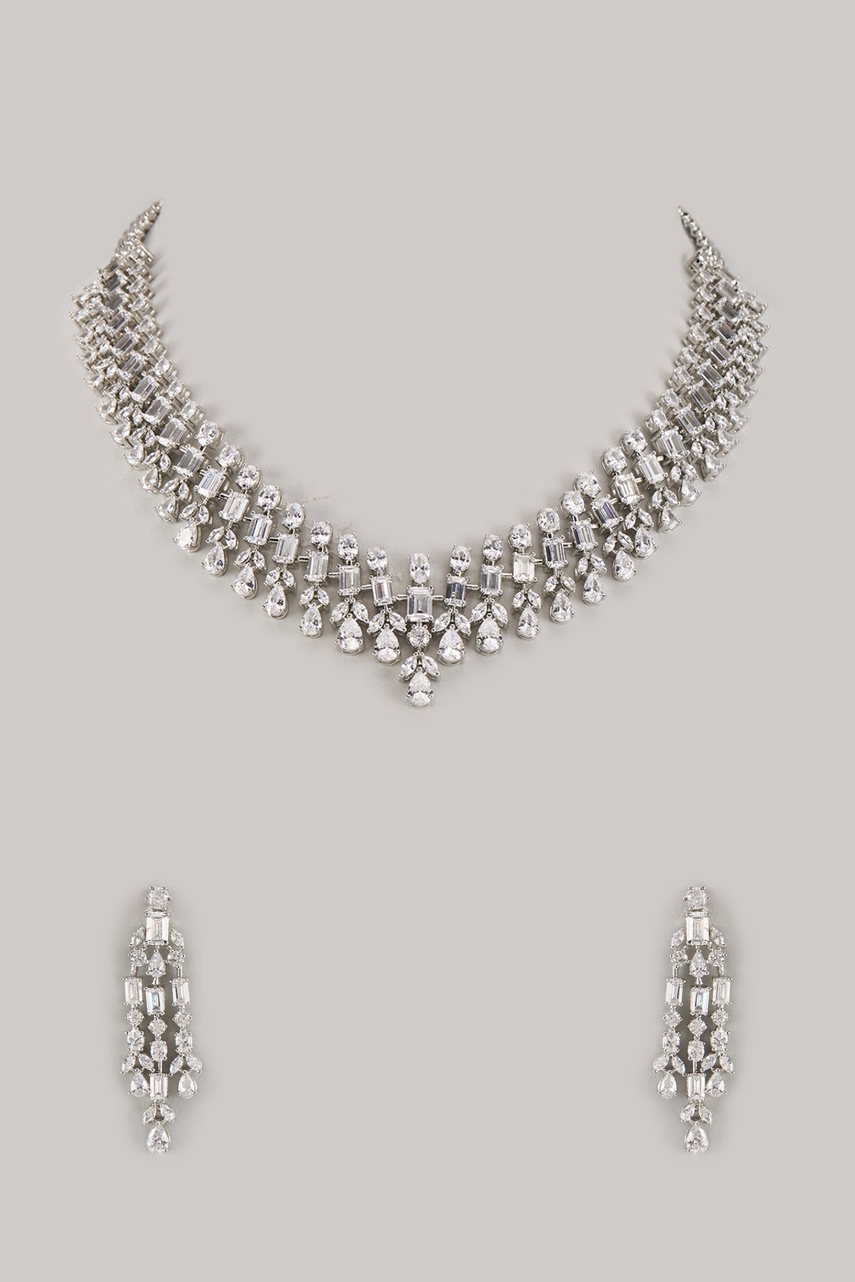 White Finish Zircon Long Necklace Set