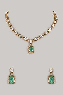 Gold Finish Zircon & Moissanite Polki Long Necklace Set