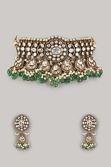 Gold Finish Zircon & Moissanite Polki Choker Necklace Set