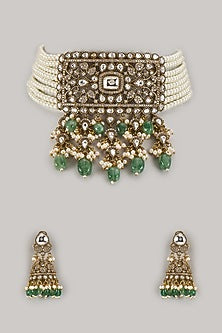 Gold Finish Zircon & Moissanite Polki Choker Necklace Set