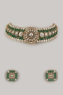 Gold Finish Zircon & Moissanite Polki Choker Necklace Set
