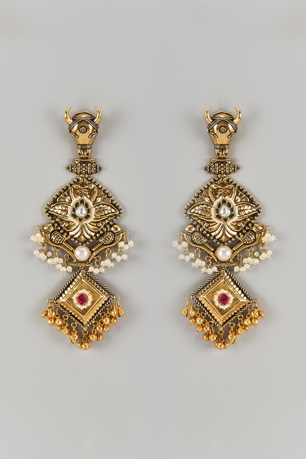 Black Rhodium Finish Moissanite Polki & Pearl Dangler Earrings